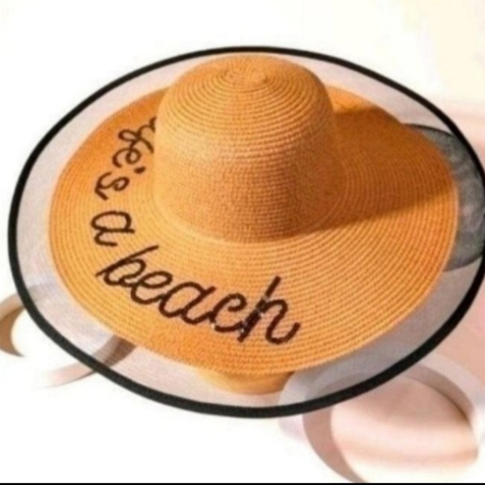 Tan Wide Brim Hat with Black Lettering